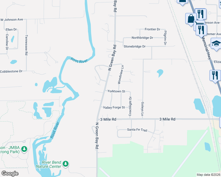 map of restaurants, bars, coffee shops, grocery stores, and more near 4240 Woodview Lane in Racine