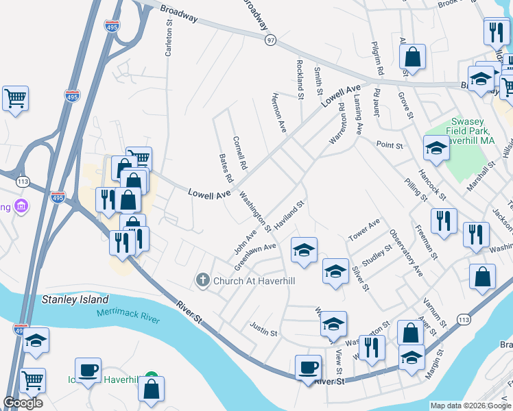 map of restaurants, bars, coffee shops, grocery stores, and more near 875 Washington Street in Haverhill