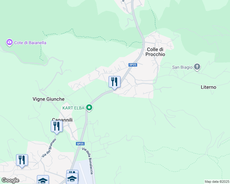 map of restaurants, bars, coffee shops, grocery stores, and more near 36 via dei Marmi in Colle di Procchio
