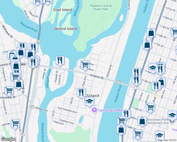 map of restaurants, bars, coffee shops, grocery stores, and more near 89 Park Avenue in Cohoes