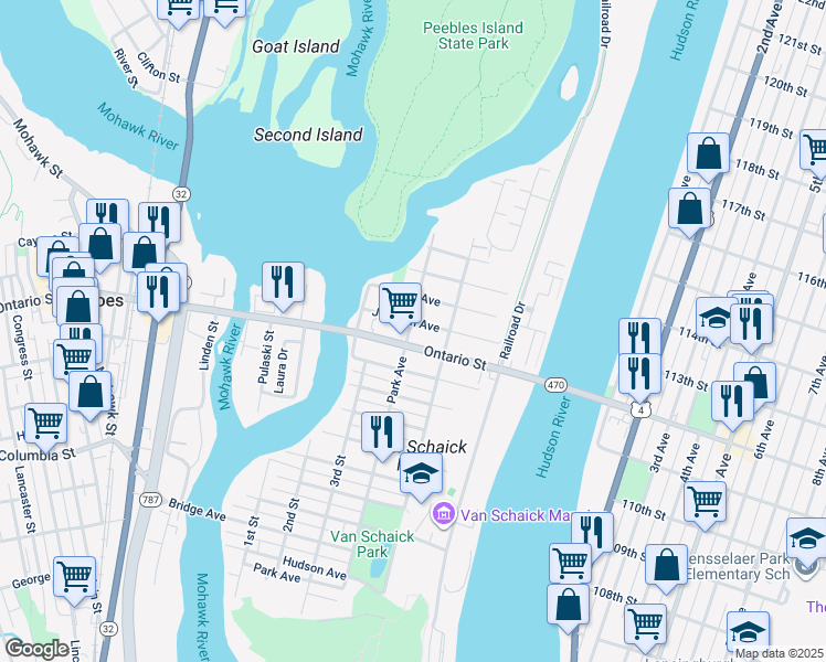 map of restaurants, bars, coffee shops, grocery stores, and more near 87 Park Avenue in Cohoes