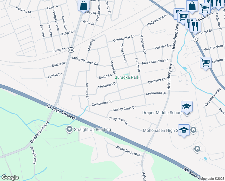 map of restaurants, bars, coffee shops, grocery stores, and more near 42 Merritt Drive in Rotterdam