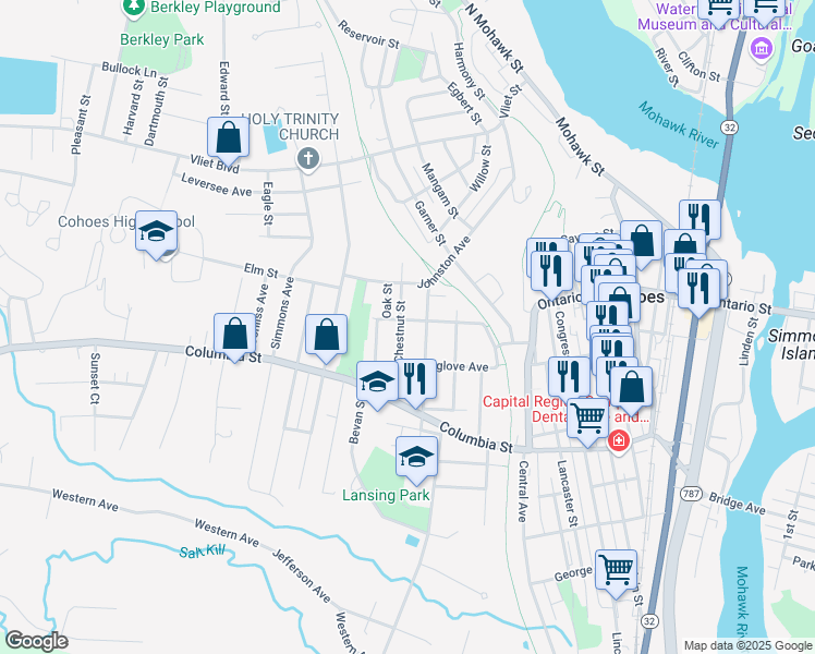 map of restaurants, bars, coffee shops, grocery stores, and more near 50 McElwain Avenue in Cohoes