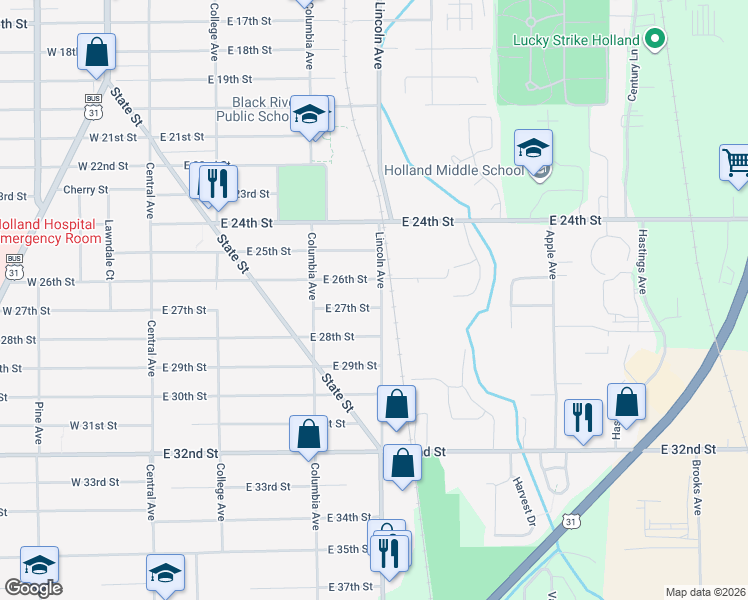map of restaurants, bars, coffee shops, grocery stores, and more near 626 Lincoln Avenue in Holland