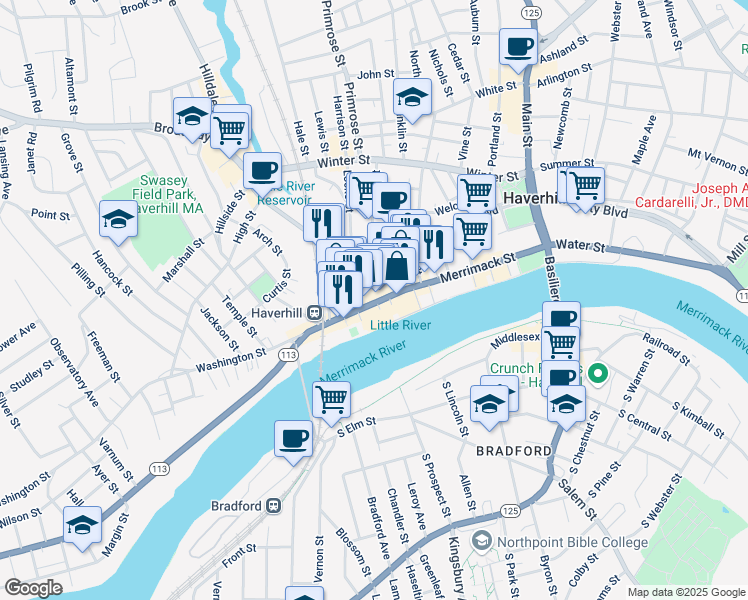 map of restaurants, bars, coffee shops, grocery stores, and more near 45 Washington Street in Haverhill