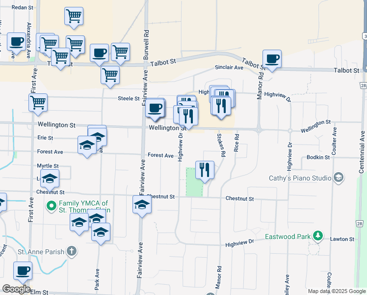 map of restaurants, bars, coffee shops, grocery stores, and more near 420 Wellington Street in St. Thomas