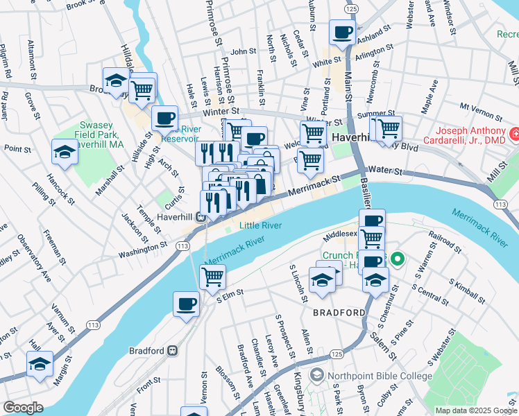 map of restaurants, bars, coffee shops, grocery stores, and more near 18 Essex Street in Haverhill
