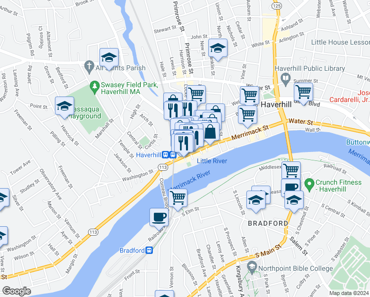 map of restaurants, bars, coffee shops, grocery stores, and more near 45 Wingate Street in Haverhill
