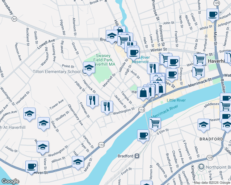 map of restaurants, bars, coffee shops, grocery stores, and more near in Haverhill