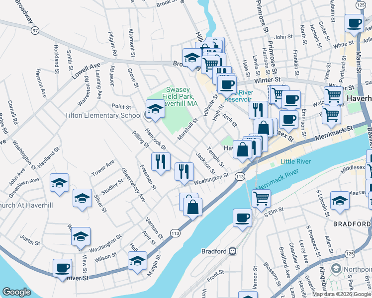 map of restaurants, bars, coffee shops, grocery stores, and more near 71 Jackson Street in Haverhill