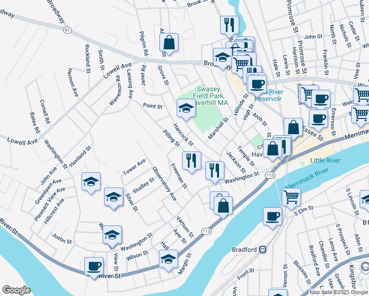 map of restaurants, bars, coffee shops, grocery stores, and more near 17 Boston Street in Haverhill