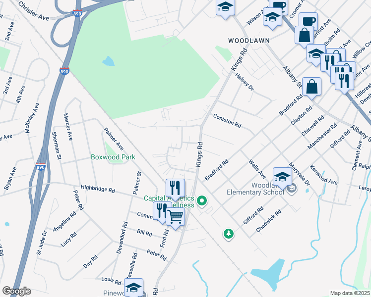 map of restaurants, bars, coffee shops, grocery stores, and more near 4240 Menga Drive in Schenectady