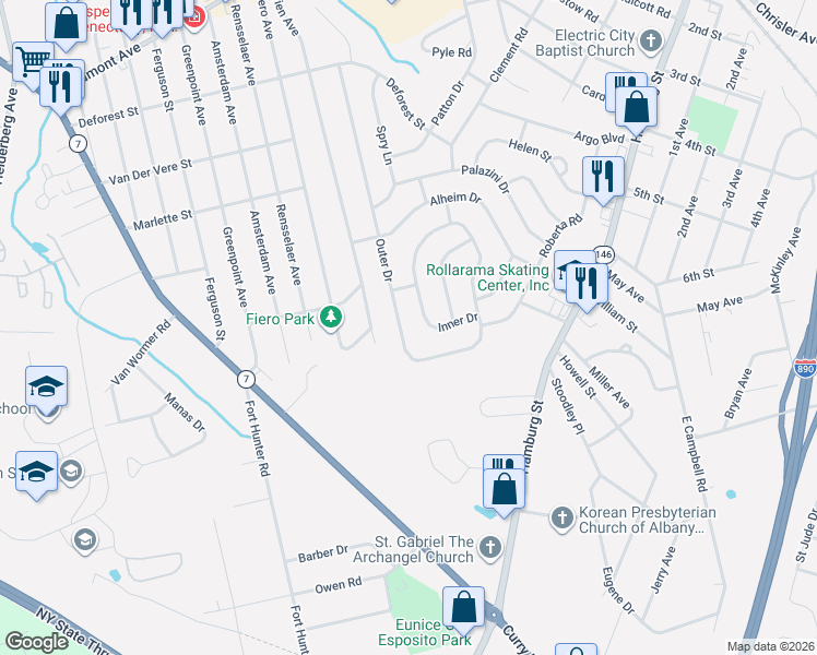 map of restaurants, bars, coffee shops, grocery stores, and more near 1066 Outer Drive in Schenectady