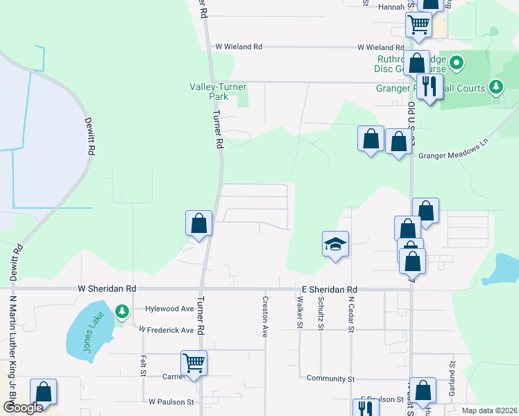 map of restaurants, bars, coffee shops, grocery stores, and more near Bee Jay Drive in Lansing
