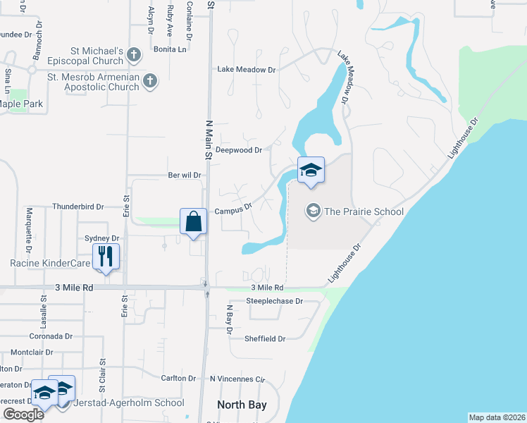 map of restaurants, bars, coffee shops, grocery stores, and more near 121 Campus Court West in Wind Point