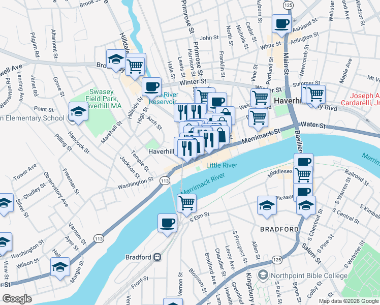 map of restaurants, bars, coffee shops, grocery stores, and more near 83 Wingate Street in Haverhill