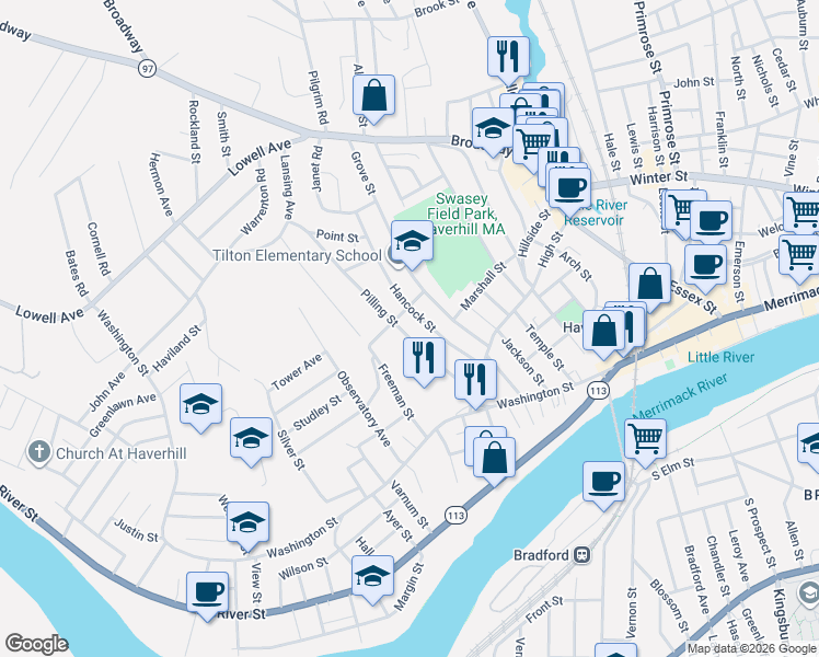 map of restaurants, bars, coffee shops, grocery stores, and more near 17 Boston Street in Haverhill