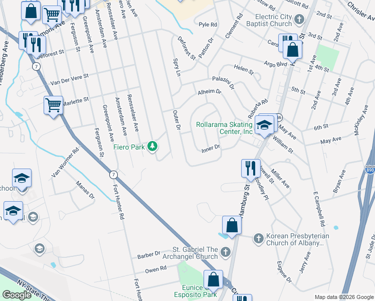 map of restaurants, bars, coffee shops, grocery stores, and more near 1066 Outer Drive in Schenectady
