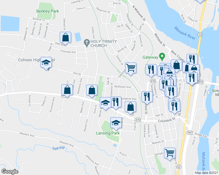 map of restaurants, bars, coffee shops, grocery stores, and more near 60 McElwain Avenue in Cohoes