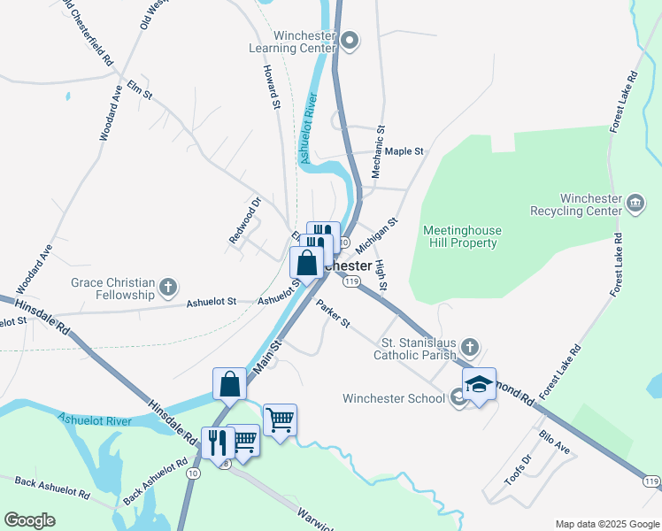 map of restaurants, bars, coffee shops, grocery stores, and more near Keene Rd & Main St in Winchester