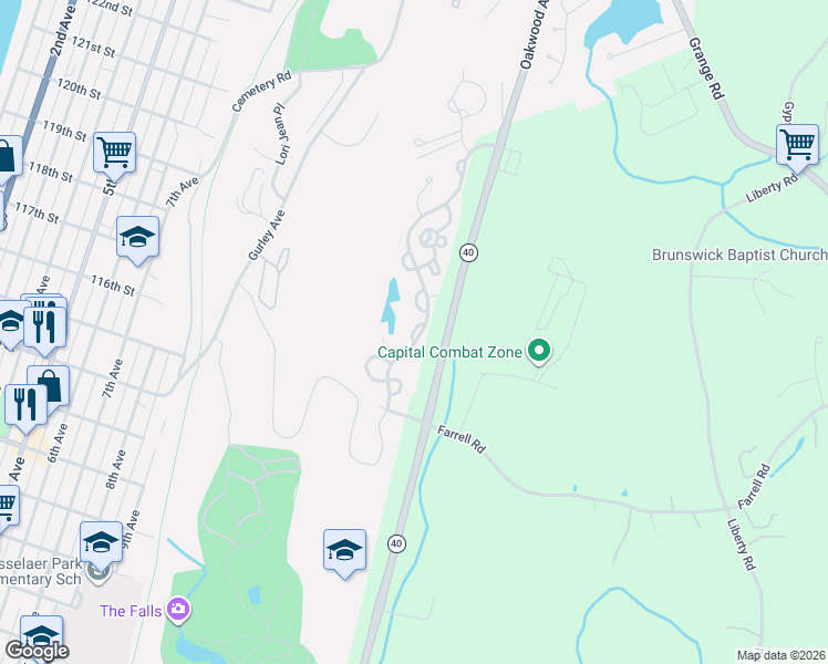 map of restaurants, bars, coffee shops, grocery stores, and more near Apex Lane in Troy