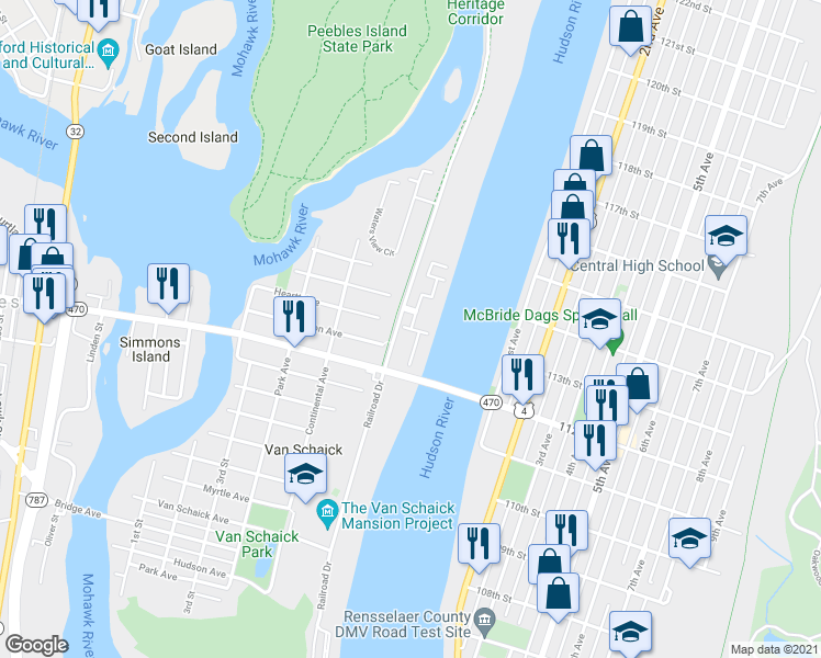map of restaurants, bars, coffee shops, grocery stores, and more near 1 Riverwalk Way in Cohoes