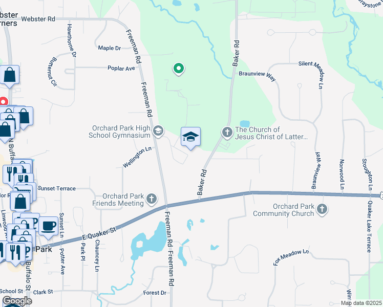 map of restaurants, bars, coffee shops, grocery stores, and more near 4040 Baker Road in Orchard Park