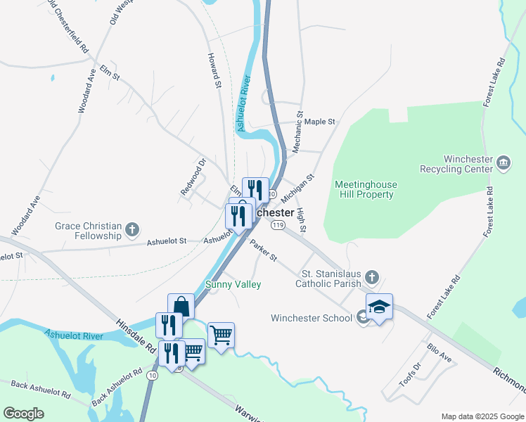 map of restaurants, bars, coffee shops, grocery stores, and more near Keene Rd & Main St in Winchester