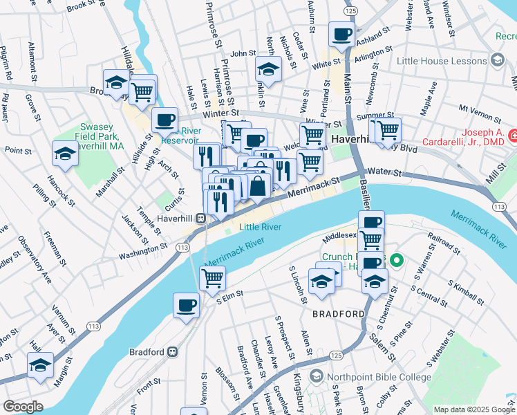 map of restaurants, bars, coffee shops, grocery stores, and more near 18 Essex Street in Haverhill
