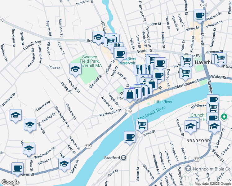 map of restaurants, bars, coffee shops, grocery stores, and more near 36 Central Street in Haverhill
