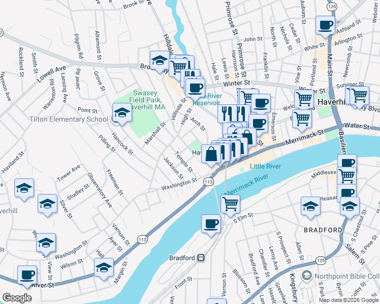 map of restaurants, bars, coffee shops, grocery stores, and more near 34 Central Street in Haverhill