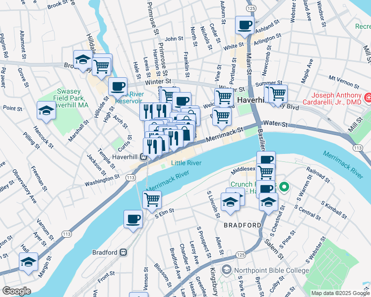 map of restaurants, bars, coffee shops, grocery stores, and more near 18 Essex Street in Haverhill