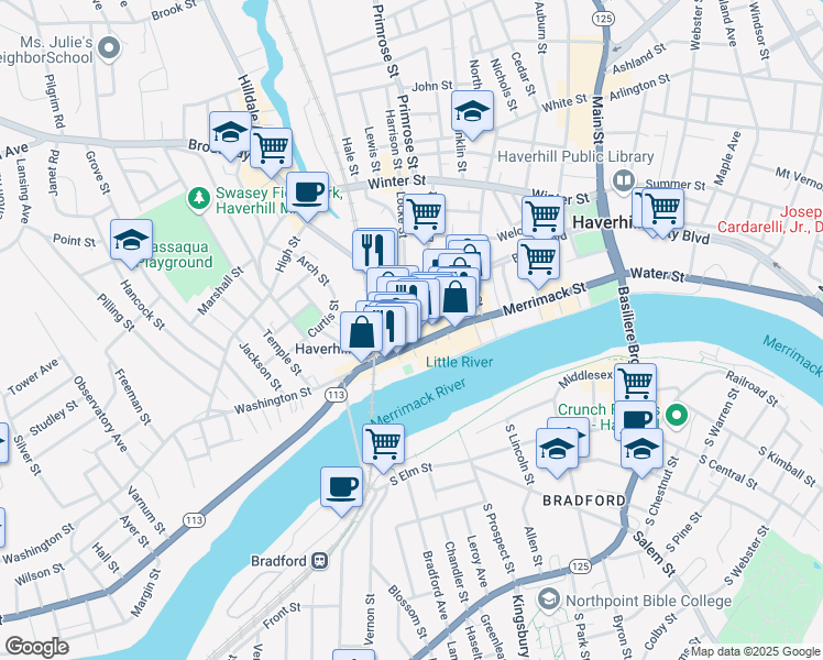 map of restaurants, bars, coffee shops, grocery stores, and more near 45 Wingate Street in Haverhill