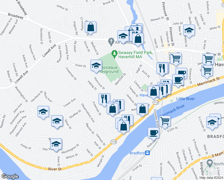 map of restaurants, bars, coffee shops, grocery stores, and more near 41 Grove Street in Haverhill