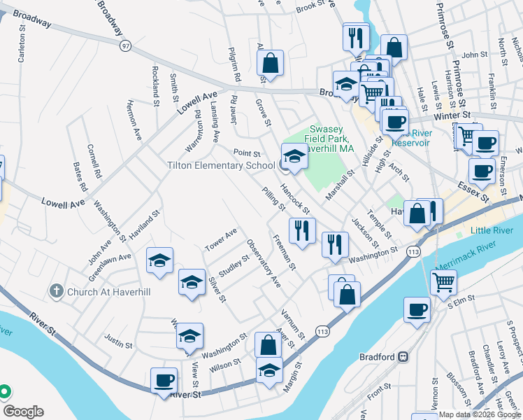 map of restaurants, bars, coffee shops, grocery stores, and more near 126 Pilling Street in Haverhill