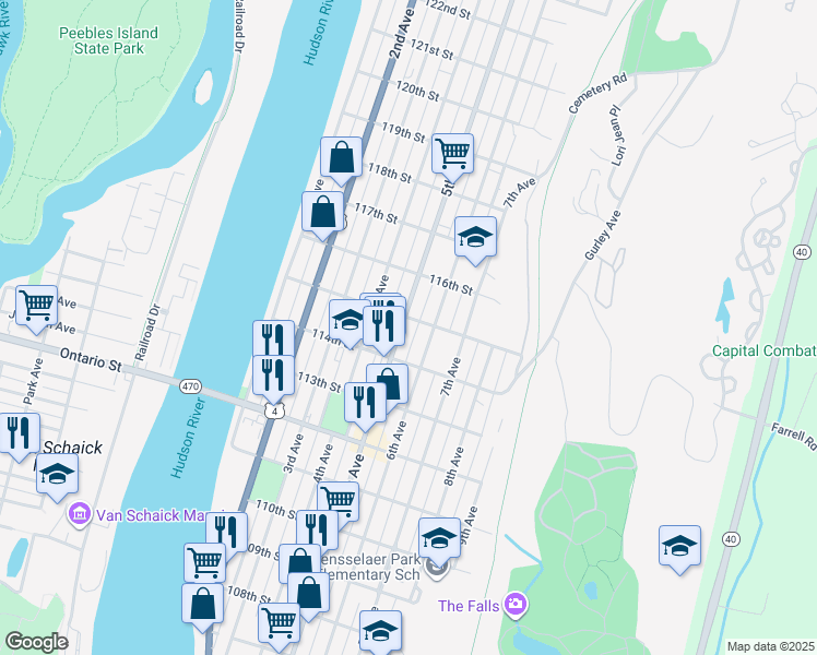 map of restaurants, bars, coffee shops, grocery stores, and more near 569 5th Avenue in Troy
