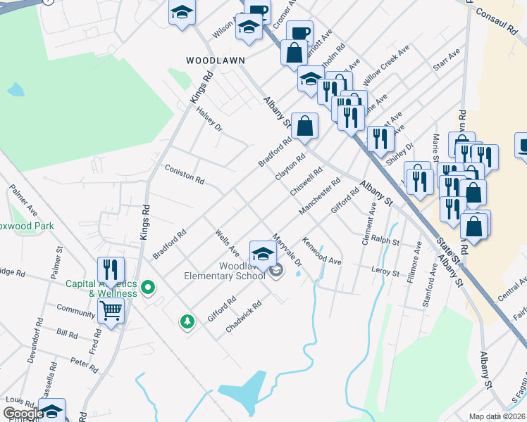 map of restaurants, bars, coffee shops, grocery stores, and more near 229 Chiswell Road in Schenectady