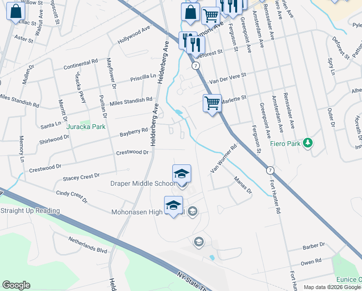 map of restaurants, bars, coffee shops, grocery stores, and more near 61 Morning Glory Way in Schenectady