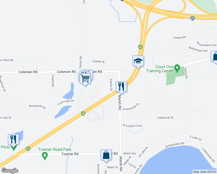 map of restaurants, bars, coffee shops, grocery stores, and more near 16678 Eunice Street in East Lansing
