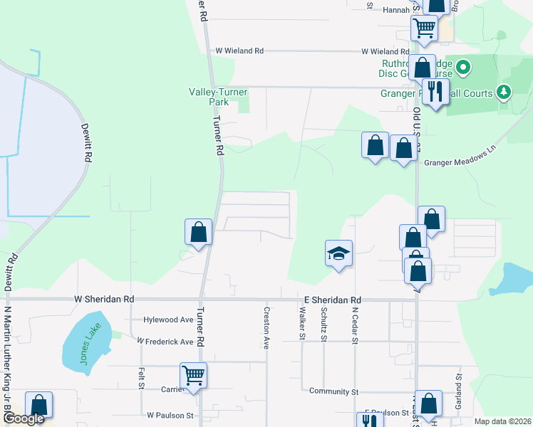 map of restaurants, bars, coffee shops, grocery stores, and more near Bee Jay Drive in Lansing