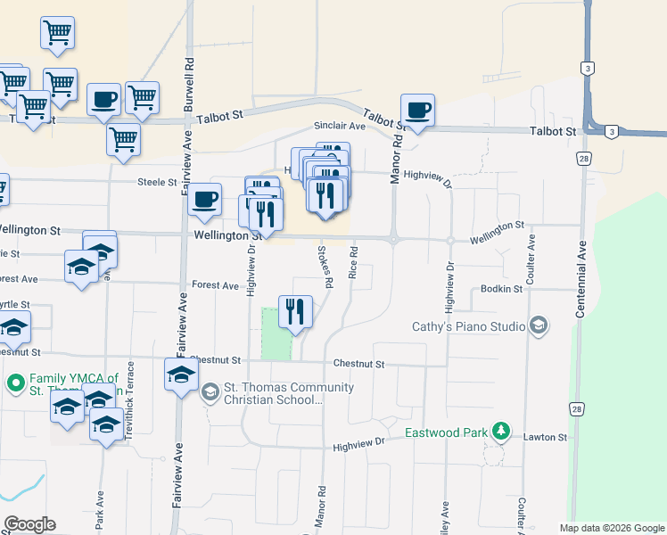 map of restaurants, bars, coffee shops, grocery stores, and more near 54 Stokes Road in St. Thomas
