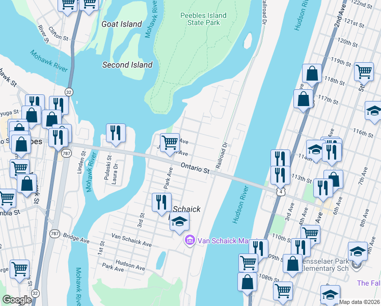 map of restaurants, bars, coffee shops, grocery stores, and more near 47 Continental Avenue in Cohoes