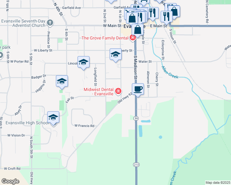 map of restaurants, bars, coffee shops, grocery stores, and more near 443 South 1st Street in Evansville