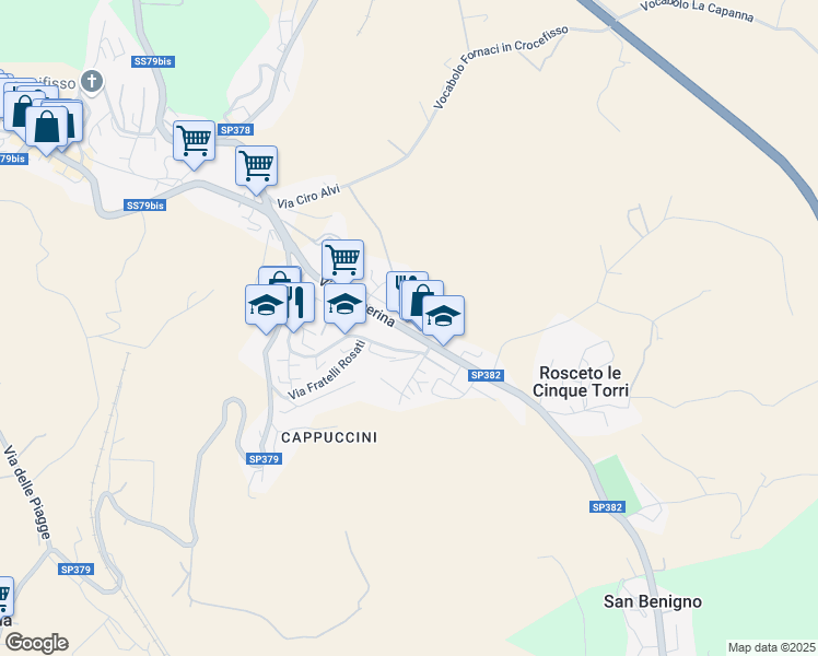 map of restaurants, bars, coffee shops, grocery stores, and more near 39 Via dei Cappuccini in Todi