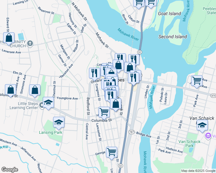 map of restaurants, bars, coffee shops, grocery stores, and more near 122 Remsen Street in Cohoes