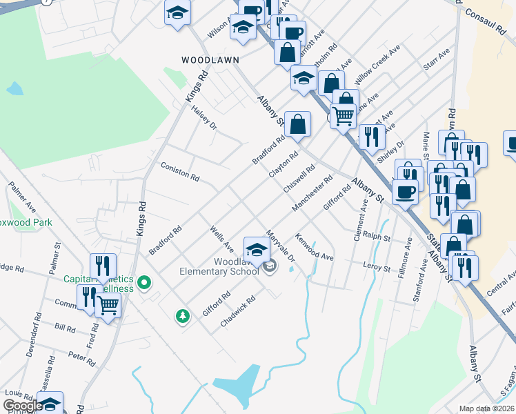 map of restaurants, bars, coffee shops, grocery stores, and more near 229 Chiswell Road in Schenectady
