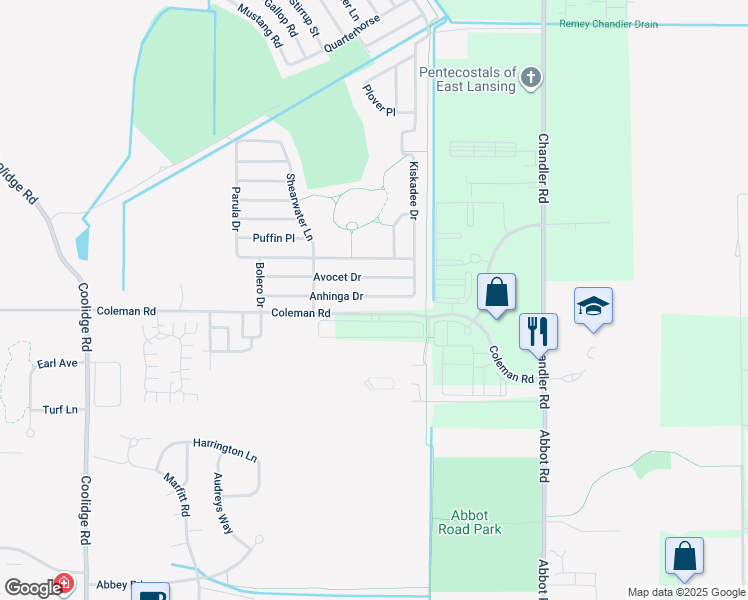 map of restaurants, bars, coffee shops, grocery stores, and more near 463 Avocet Drive in East Lansing