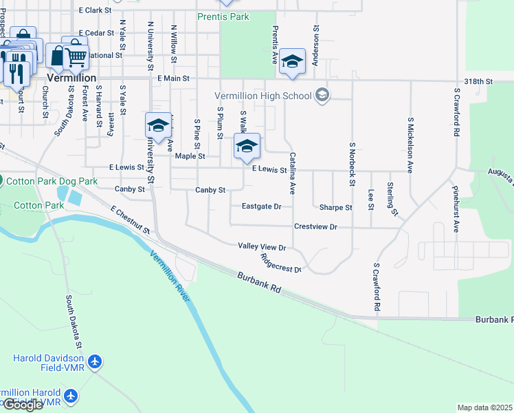 map of restaurants, bars, coffee shops, grocery stores, and more near 800 Eastgate Drive in Vermillion