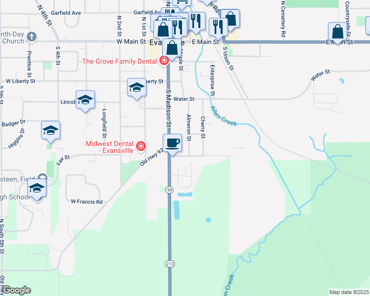 map of restaurants, bars, coffee shops, grocery stores, and more near 435 Almeron Street in Evansville