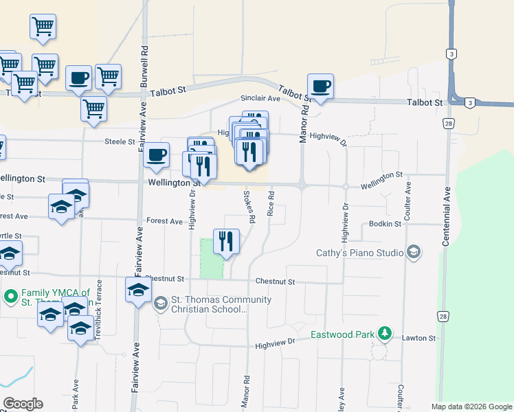 map of restaurants, bars, coffee shops, grocery stores, and more near 70 Stokes Road in St. Thomas